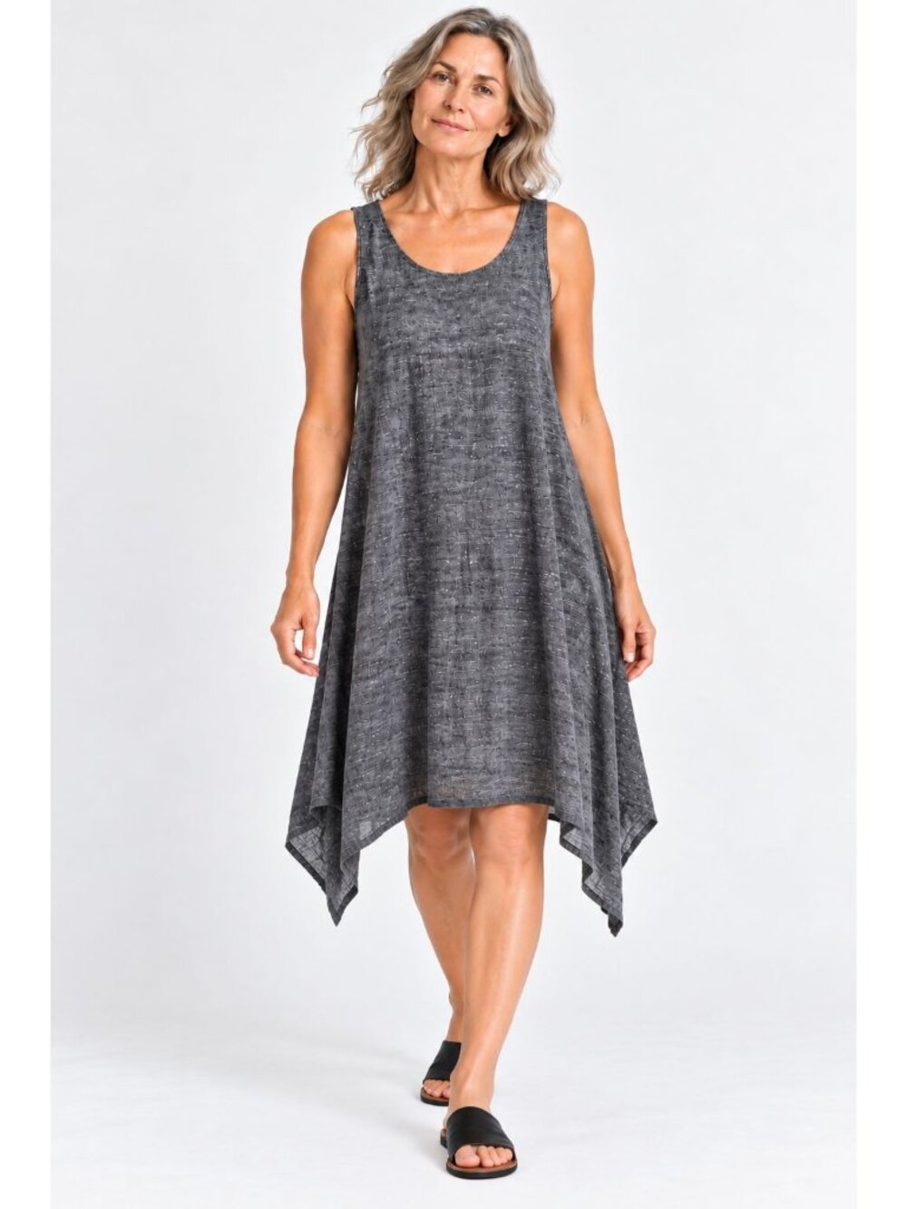 Eileen Fisher Gray Sleeveless Dress 100% Linen size XS neutral Lagenlook